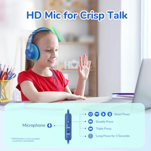 EarFun K3 Kids Headphones, Over Ear Headphones with Microphones, 85/94dB Safe Volume Limit, HD Stereo Sound, 3.5mm Jack, Foldable Wired Headphones for School/Travel/Boys/Girls/Tablet/iPad, Blue | Built-in Mic, 85/94dB Volume Limit, HD Stereo Sound, 3.5mm