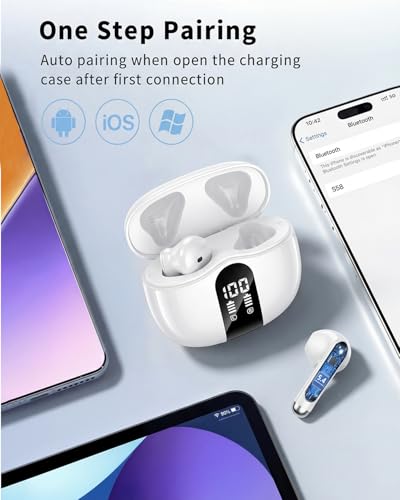 Wireless Earbuds, 2026 Bluetooth 5.4 Headphones Bass Stereo Ear Buds with Noise Cancelling Mic, LED Display in Ear Earphones 50H Playtime Ear Buds, IP7 Waterproof for Laptop Pad Phones Soft White - color: Soft White
