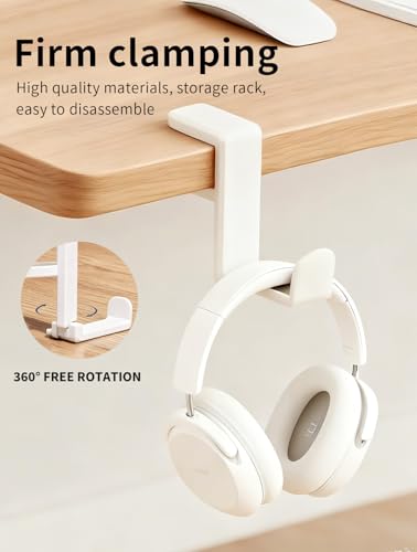 Headphone Hook，Headphone Stand，PC Gaming Headset Holder for Desk，Headset Hook，Desk Headphone Hanger，Desk Hook with 360-Degree Adjustable Rotation - color: White