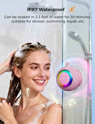 Bluetooth Shower Speaker IPX7 Waterproof: Removable Suction Cup, Pink | 360° Surround Sound, Vacuum-Lock, RGB Light, Portable Wireless Speaker for Beach, Pool, Kayak, Gifts for Adults Teens - color: Pink