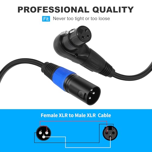 Right Angle XLR Cable 6FT, 2Pack, Black, Straight Male to 90 Degree Female Microphone Cable Cord, 3Pin XLR Adapter for Sound Devices Mixer Recorder - size: 6FT, style: R/A FM to ST Male