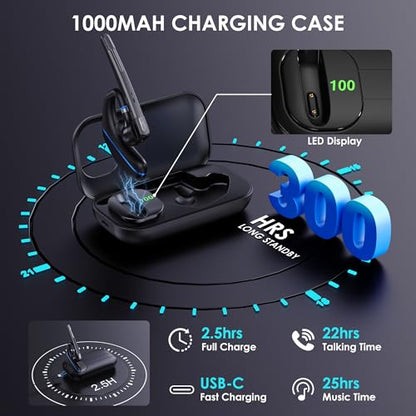 EKVANBEL Bluetooth Headset V5.3, Wireless Earpiece with 1000mAh Charging Case, 96H Talktime, Hands Free Noise Canceling Headphones with Dual-Mic for Computer Cell Phones Trucker Home Work (Blue) - color: Blue
