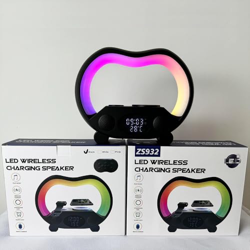 AYI Wireless Charging Station with Bluetooth Speaker Alarm Clock Fast Charger for Phone, Apple Watch, Earbuds, Temperature Time Display, 7-Color LED Night Lights Remote Control-Black - color: 7IN1 Alarm Clock Wireless Charger ZS932 Black