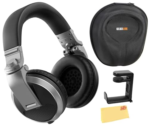 Pioneer DJ HDJ-X5 Over-Ear DJ Headphones - Silver Bundle with Case, Stand, and Austin Bazaar Polishing Cloth - color: HDJ-X5, style: Silver
