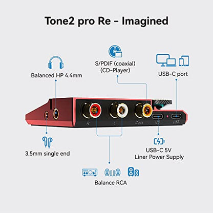 Khadas Tone2 Pro | Desktop Digital Analog Converter - Headphone Amplifier with USB-C Inputs: 3.5mm Unbalanced / 4.4mm Balanced/RCA - MQA DECODER - color: Red