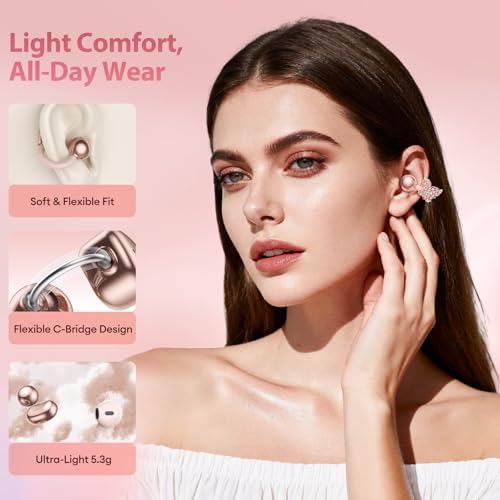 PAXA 3 in 1 Ctbuds Stylish Jewelry-Style Clip on Open Ear Headphones Wireless Earbuds, Instant Earring Mode, Ultra-Long 140H Play, Bluetooth 6.0, All-Day Wear for Work Fitness Daily Use, Rose Gold - color: H-Rose Gold-Gold Butterfly Earring