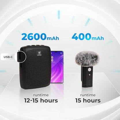 WinBridge Wireless Voice Amplifier with Bluetooth Lapel Mic for Teachers | Speaker with Clear Voice & Windproof Foam, 12–15H Battery, Lightweight Clip-on, Compact Design,Independent Mute Control WB006
