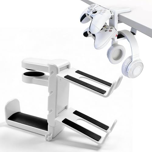 3-in-1 Gaming Headset Stand with Controller Holders Clamp-on Under Desk Rotating Headphone Hanger Adjustable PC Desk Headphone Holder with Cable Organizer - color: white