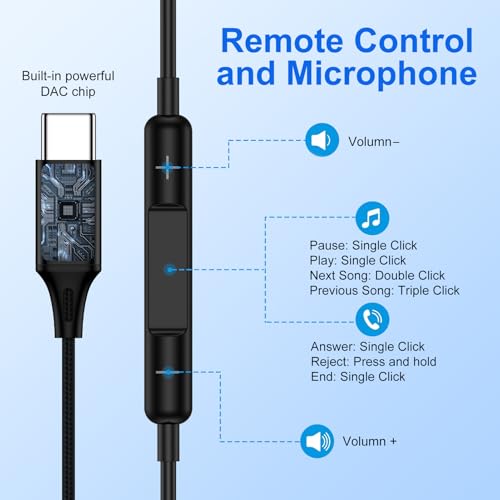 USB C Headphones with Mic HiFi Stereo Earphone for Samsung Galaxy S26 Ultra | USB C EarBuds Noise Cancelling Nylon Braided Wired Ear buds for iPhone 17 16 Pixel 10a 10 9 Pro XL Samsung S26 S25 FE A17 A16 - color: Black