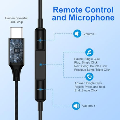 USB C Headphones with Mic HiFi Stereo Earphone for Samsung Galaxy S26 Ultra | USB C EarBuds Noise Cancelling Nylon Braided Wired Ear buds for iPhone 17 16 Pixel 10a 10 9 Pro XL Samsung S26 S25 FE A17 A16 - color: Black