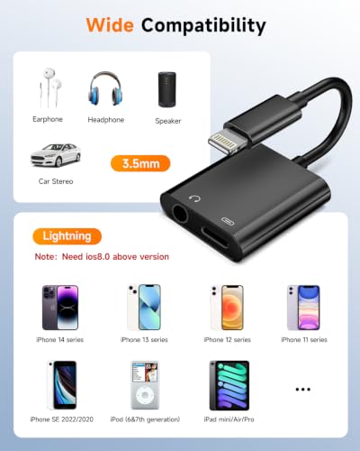 [MFi Certified] 2-in-1 Lightning to 3.5mm Audio & Charger Splitter for Headphones & Fast Charge, Compatible with iPhone 14/13/12/11/X/8/iPad - Car AUX, Gaming, Live Streaming, Work & Travel (2, Black) - color: Black-2Pack