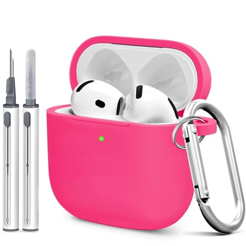 Silicone Case Cover for AirPods 4th Gen, Soft Skin, Full Protection, Keychain, Cleaner Kit (Pink Red) - color: A6-Rose Pink