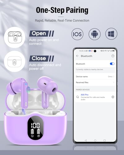 Wireless Earbuds, Bluetooth 5.4 Headphones Bass Stereo/Clear Calls, Purple | Ear Buds with Noise Cancelling Mic LED Display in Ear Earphones IP7 Waterproof 36H Bluetooth Earbuds for Phones/Sport/Laptop - color: Purple