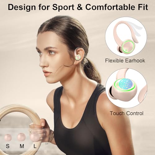 Matast Wireless Earbuds, Bluetooth 5.4 Headphones Sports, 50H Playback Over-Ear Buds with ENC Noise Cancelling Mic, HiFi Stereo Fitness Earphones with Earhooks, IP7 Waterproof Headset - color: light pink