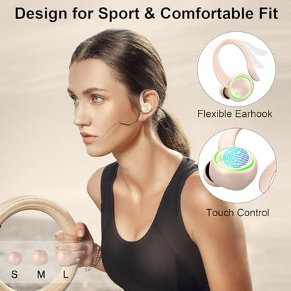 Matast Wireless Earbuds, Bluetooth 5.4 Headphones Sports, 50H Playback Over-Ear Buds with ENC Noise Cancelling Mic, HiFi Stereo Fitness Earphones with Earhooks, IP7 Waterproof Headset - color: light pink