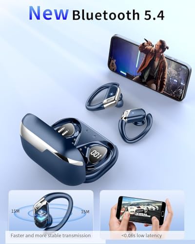 Wireless Earbuds, Bluetooth 5.4 Headphones Sport, 50H Deep Bass Sound Over Ear Buds with 4 ENC Noise Cancelling Mic, Dual LED Display, IP7 Waterproof Earphones with Earhook for Workout - color: Deep Blue1