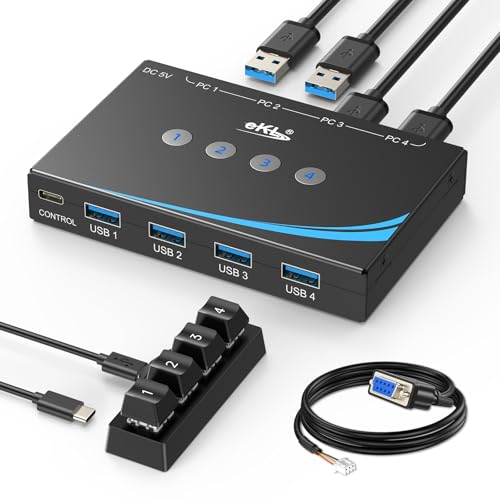 eKL USB 3.0 Switch 4 Computers Sharing Mouse Keyboard Printer Scanner, 4 Port USB Switcher with RS232 Serial Switching, Remote Controller, 3.5mm Mic & Headset Audio Jack, 4 USB 3.0 Cables Included - size: USB3.0 4 in 4 out with remote and RS232 cable