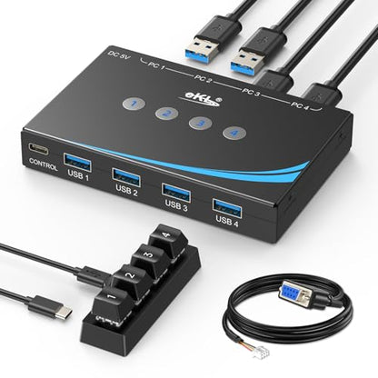 eKL USB 3.0 Switch 4 Computers Sharing Mouse Keyboard Printer Scanner, 4 Port USB Switcher with RS232 Serial Switching, Remote Controller, 3.5mm Mic & Headset Audio Jack, 4 USB 3.0 Cables Included - size: USB3.0 4 in 4 out with remote and RS232 cable