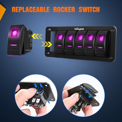 Nilight 6 Gang Rocker Switch Panel w/Purple LED Light 5Pin On Off Pre-Wired | Aluminum Toggle Switches Waterproof for 12V/24V Cars Marine Boats ATVs Trailers RV Trucks - color: Purple, size: 6 Gang