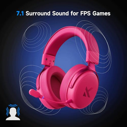 MCHOSE V9 PRO Wireless Gaming Headset 7.1 Surround Sound for PS5 PS4 PC Switch TOPSPEED Gaming Headphones, Noise Canceling Mic, 250Hr Battery, Low 15ms Latency, Lightweight, BT 5.3 FPS Games Rose&Red - color: V9PRO-RoseRed