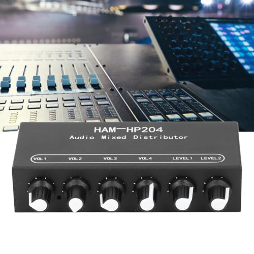 2 in 4 Out Stereo Mixer Distributor, 18 in Stereo Audio HiFi Audio Mixer, Independent Control, for PC Microphone Guitar Electronic Keyboard Speaker DC 5V to 19V.