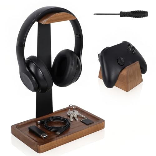 Headphone Stand with Gaming Controller Holder, Solid Walnut Wood Headset Holder Non-Slip Storage Tray Base Gaming Desk Accessories for Room Decor Gift For Gamers