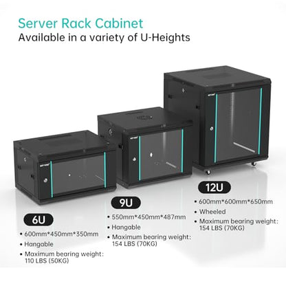 MT-VIKI 12U Server Cabinet Network Rack Vented Enclosure w/Moving Wheel, 0.8mm Thick Steel, 23.6‘’ Deep (600mm), for 19'' IT Equipment, Included 1pcs 12'' Depth Rack Shelf - size: 12U