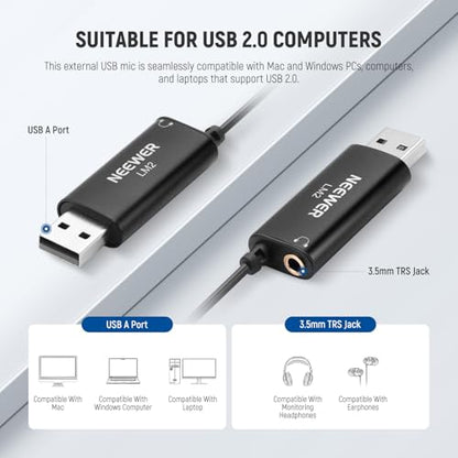 NEEWER USB Lapel Microphone, Plug & Play Mini Omnidirectional Clip On Lavalier Mic with 3.5mm Monitoring Headphones Jack for USB 2.0 Mac Windows PC Laptop Computer YouTube Skype Podcast Gaming, LM2 - style: 1 Pack w/USB A & 3.5mm TRS Plug