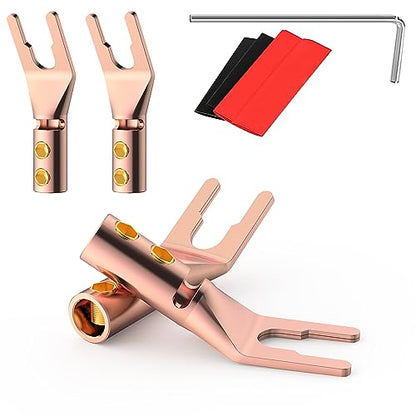 4PCS Spade Connectors,45 Degree Pure Copper Audio Fork Y Spade Plug DIY with Heat Shrink Tubing and Hex Wrench, Double Screw Locking Speaker Cable Plugs for Speaker Cables (Knurled) - color: Pure Copper with Heat Shrink Tube