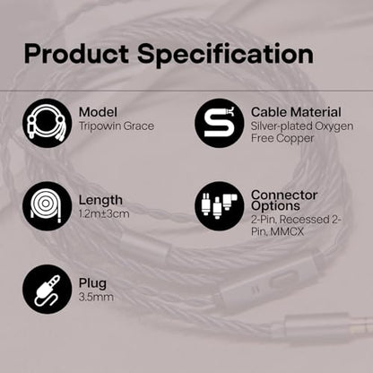 Linsoul Tripowin Grace Silver-Plated OFC in Ear Earphone Cable w/Mic | 1.25m Length, 3.5mm Audio Plug for Audiophile Replacement Cable, MMCX - style: MMCX