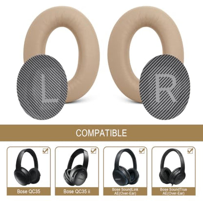 GEVO Premium Replacement Ear Pads for Bose QC35 & QC35ii Headphones - Beige | Fits QuietComfort 35 & 35ii / SoundLink 1&2 AE（Over-Ear）- Soft Protein Leather · Adaptive Memory Foam and Extra Durable - color: Beige