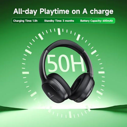 Hybrid Active Noise Cancelling Headphones, Wireless Over Ear Bluetooth | 50H Long ANC Playtime, Rotatable and Foldable, HiFi Audio Deep Bass, Customized EQ via APP, Transparency Mode - color: Black