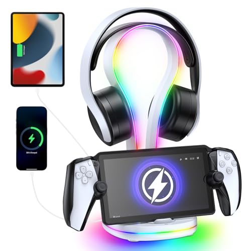 FYOUNG Gaming Headset Holder with Charging Dock Station for Playstation Portal,Atmosphere Light Stand with Magnetic Charging Headphone Stand & Extra 2 USB Charger Ports for Desktop PC Game Accessories