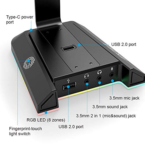 EKSA Headphone Stand, RGB Gaming Headset Stand for Desk with 7.1 Surround Sound, Headphone Holder with 3.5mm Aux and 2 USB Ports, Aluminum PC Gamer Headset Accessories for All Headphones Size