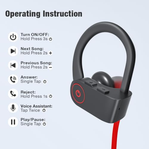 JOYWISE Bluetooth Headphones Wireless Earbuds 16H Playtime Wireless Headphones IPX7 Waterproof Bluetooth 5.3 Running Ear Buds with Mic Stereo in Ear Earphones Sound Isolation for Workout, Sports Red - color: Red