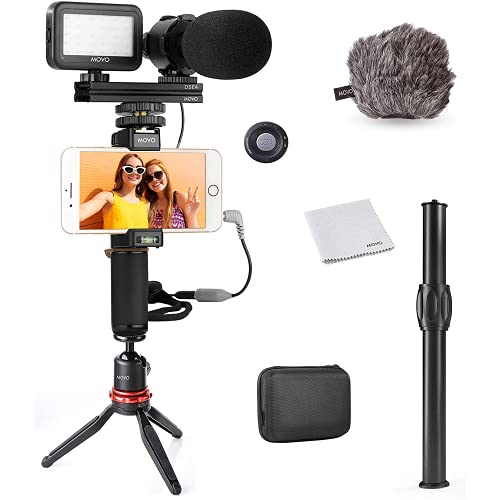 Movo V7+ YouTube Starter Kit - Vlogging Kit for iPhone with Tripod, Grip, Stereo Microphone, LED Light and Remote - Vlog Kit for iPhone 5, 5C, 5S, 6, 6S, 7, 8, X, XS or Samsung - iPhone Vlogging Kit