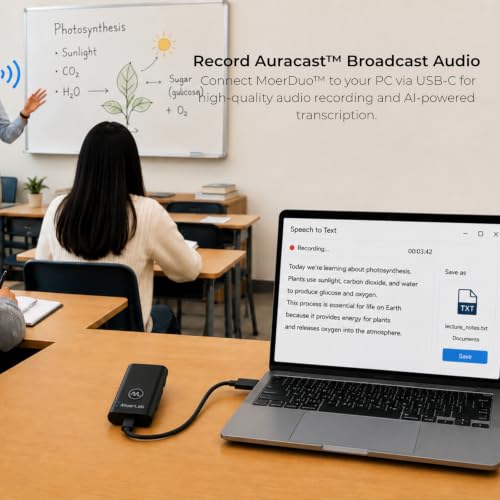 MoerDuo Auracast Audio Transceiver, 2-in-1 Bluetooth 5.3 Transmitter & Receiver, USB Audio, 3.5mm Line in/Out, Built-in Microphone, LE Audio, Low Latency, 22H Battery, Hearing Aid Compatible