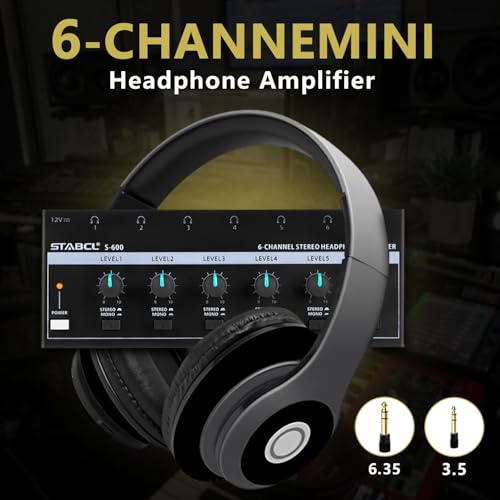 Headphone Amplifier 6 Channel, Stereo Headphone Amp with 3.5mm&6.35mm Input and Output, Metal Portable Studio Headphone Amp Splitter, Headphone Mixer with Mono and Stereo for Recording Studios - size: 6