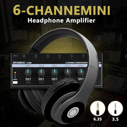 Headphone Amplifier 6 Channel, Stereo Headphone Amp with 3.5mm&6.35mm Input and Output, Metal Portable Studio Headphone Amp Splitter, Headphone Mixer with Mono and Stereo for Recording Studios - size: 6