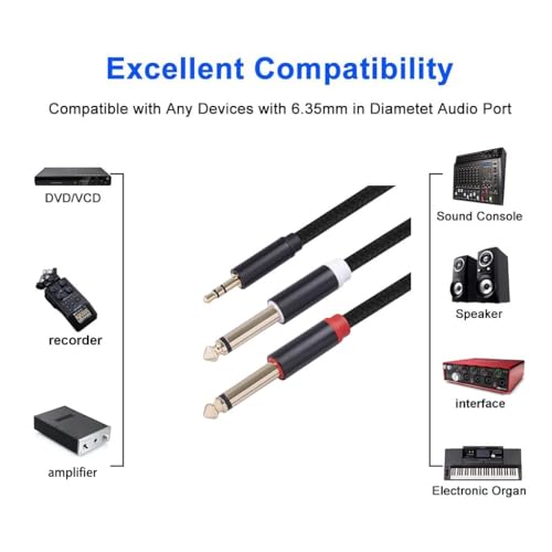 (6.6 FT) 3.5mm 1/8 TRS to Dual 6.35mm 1/4 TS Mono Breakout Cable Y Splitter Stereo Cord Adapter Compatible with iPhone, iPod, Computer Sound Card, CD Player, Multimedia Speaker, Home Stereo System - color: 6.6 FT