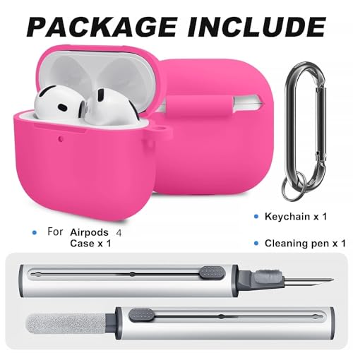Silicone Case Cover for AirPods 4th Gen, Soft Skin, Full Protection, Keychain, Cleaner Kit (Pink Red) - color: A6-Rose Pink