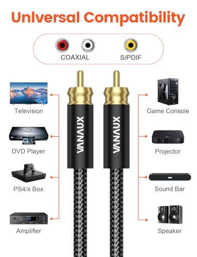 VANAUX Subwoofer Cable Digital Audio Coaxial Cable [24K Gold Plated Connectors] S/PDIF RCA to RCA Cable for Home Theater, Soundbar, Projector, Gaming Console, Amplifier, Speaker (3feet/1m) - size: 3feet/1m