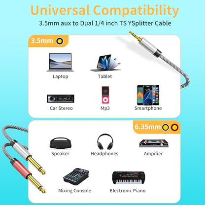 1/8 Stereo to Dual 1/4 Mono Cable 3ft, 3.5mm to Dual 1/4 Cable, 1/8 inch TRS Stereo to Dual 1/4 inch TRS Splitter - color: 3.5mm to 2x6.35mm Audio Cable, size: 3 feet