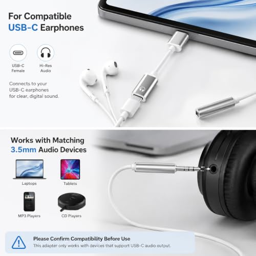 3.5mm Male to Type-C Female Audio Adapter Cable, White, Compatible with Smartphones, MP3 Players, Laptops, Tablets