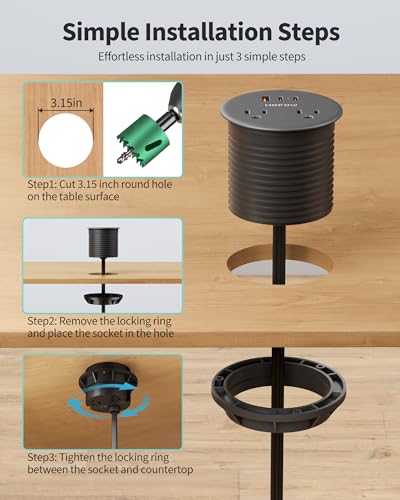 Desk Grommet, Dual-Sided Recessed Power Strip, 4 Outlets 3 USB (2 USB-C) | Flush mount desktop charging station, essential workspace desk outlet. 6.5FT flat plug extension cord, home office, black
