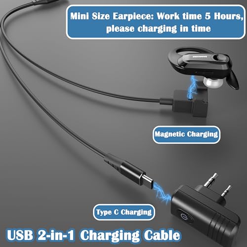 SAMCOM Wireless Earpiece with 2 Pin Dongle for FPCN30A/FPCN10A 2-Way Radios | BTEAR-02 Wireless Headset with PTT Microphone for K Plug Walkie Talkie, for School Retail Hotel Business (Radios Not Include)