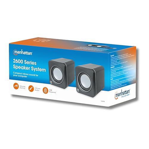 MANHATTAN USB Powered Stereo Speakers, 3.5mm Audio Plug, Volume Control, Bl | USB bus- compact pair with inline level knob, 3 ft lead, 90 Hz-20 kHz response, 166898 - color: Black Silver