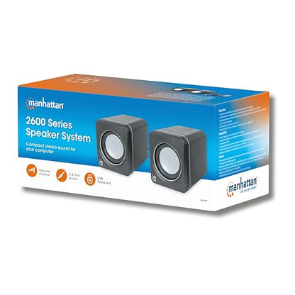 MANHATTAN USB Powered Stereo Speakers, 3.5mm Audio Plug, Volume Control, Bl | USB bus- compact pair with inline level knob, 3 ft lead, 90 Hz-20 kHz response, 166898 - color: Black Silver