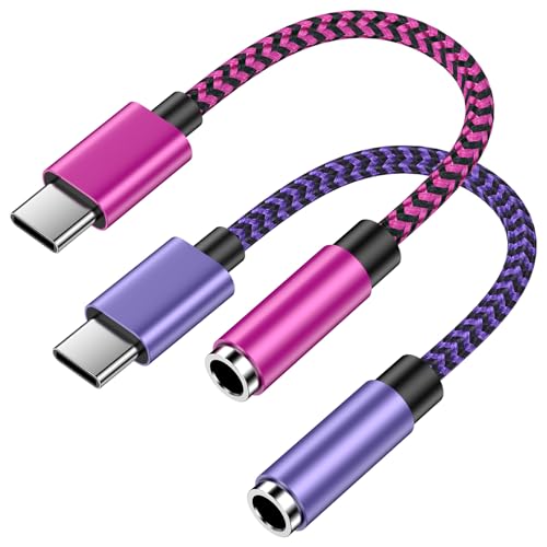 [2-Pack] USB C to 3.5mm Headphone Adapter for iPhone 17 Pro Max, Hi-Res | Type C to Aux Audio Dongle Cord with Mic Support for iPhone 17e/17 Air/16 Pro/15 Plus, iPad Pro/Air, Car Stereo & Earbuds. - color: Purple&Rose Red