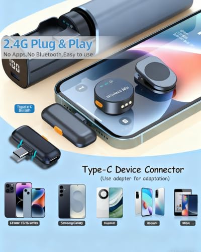 Wireless Lavalier Microphone, USB-C, 2-Channel, Clip-on Mic with Charging Case,Coin-Sized Invisible Mic，40H Battery, Noise Cancellation for iPhone Android Recording YouTube TikTok Live Streaming